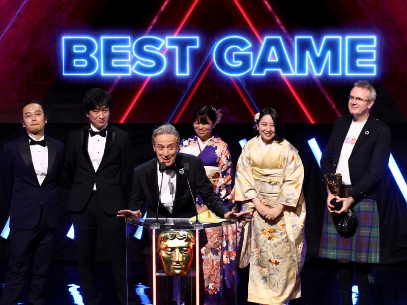 Gento Morita, Kohei Kawa, Nicolas Doucet, Junko Sano, Mayu Kawaguchi and Kenneth Young accept the Best Game Award on behalf of the Development Team for 'Astro Bot' on stage during the BAFTA Games Awards 2025.