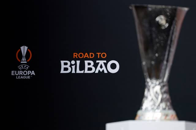 The Europa League trophy on display at the House of European Football in Nyon. (Photo by VALENTIN FLAURAUD/AFP via Getty Images)