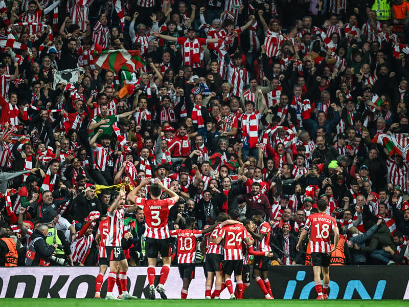 Athletic Bilbao's Alex Berenguer celebrates scoring before the goal is disallowed following a VAR check.