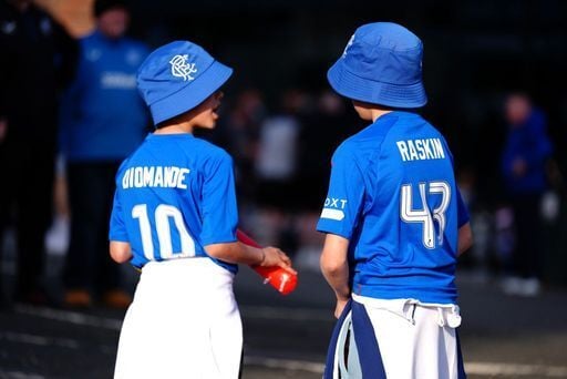 Two young Rangers fans outside the stadium ahead of the UEFA Europa League quarter-final.
