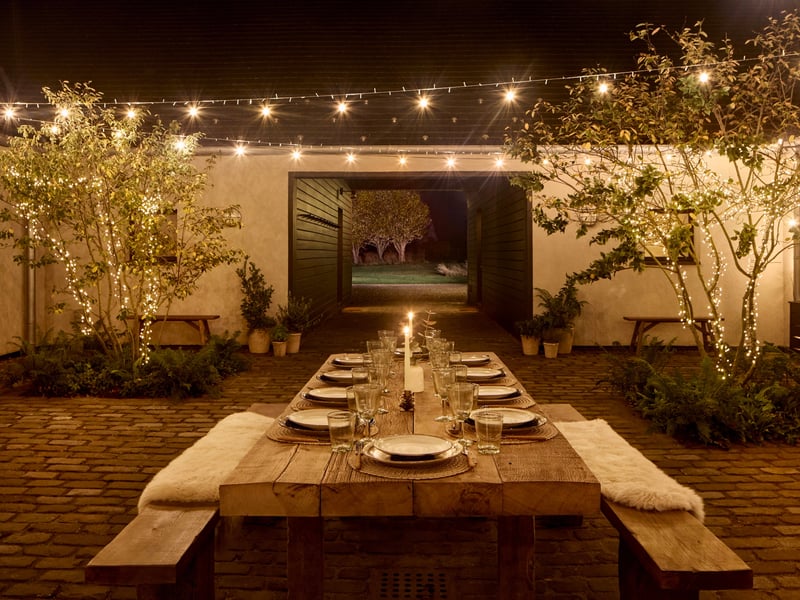The outdoor garden area at night. Home winner and widow Patricia, from Southampton, once shed five stone so she could give her husband of over 55 years, David, one of her kidneys for a life-saving operation.