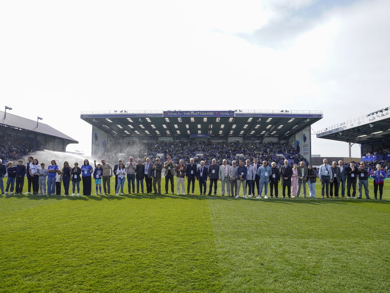 Former Pompey players are introduced to supporters at half-time