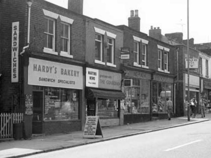 Shops on Glossop Road, Sheffield, in 1983, including Hardy's Bakery and Martins News