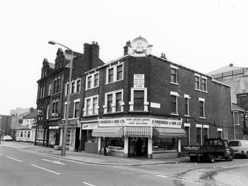 E. Friedrich and Son pork butcher, the Wicker, Sheffield, in 1989, with theBrown Cow and the Bull and Oak pubs also visible