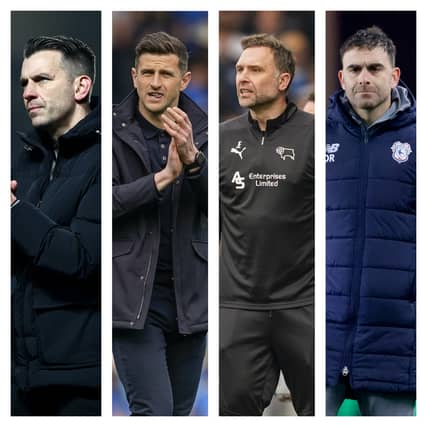 From left to right: Luton's Matt Bloomfield, Pompey's John Mousinho, Derby's John Eustace and Cardiff's Omer Riza are all in the Championship relegation dogfight.