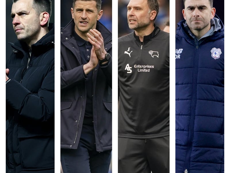From left to right: Luton's Matt Bloomfield, Pompey's John Mousinho, Derby's John Eustace and Cardiff's Omer Riza are all in the Championship relegation dogfight. 