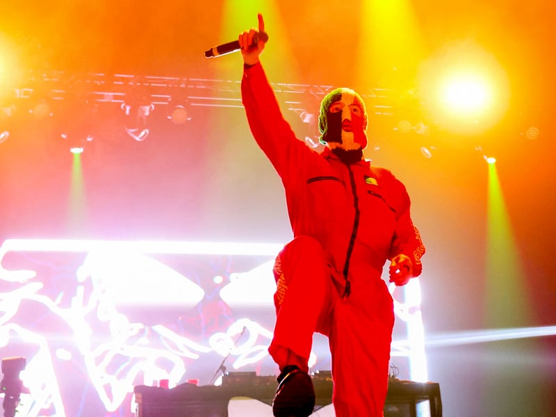 DJ Provai from Irish Hip Hop trio Kneecap performs onstage during the 2025 Coachella Valley Music and Arts Festival at Empire Polo Club on April 11, 2025 in Indio, California.