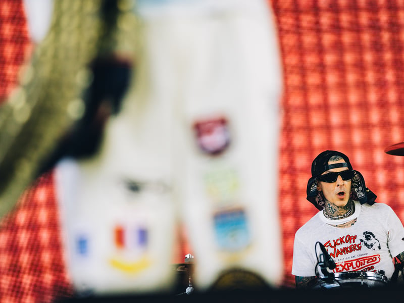 Travis Barker performs at the Sahara Stage during day 1 of the 2025 Coachella Valley Music And Arts Festival on April 11, 2025 in Indio, California.