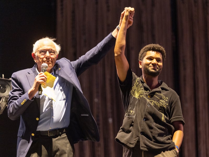 Bernie Sanders (L) speaks onstage at the Outdoor Theatreon April 12, 2025 in Indio, California