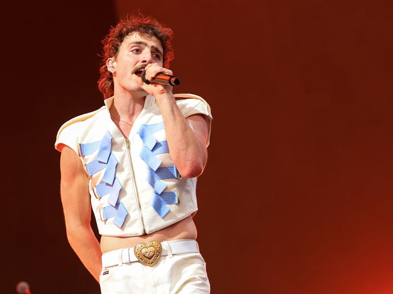 US singer songwriter Benson Boone performs during the 2025 Coachella Valley Music and Arts Festival at Empire Polo Club on April 11, 2025 in Indio, California.