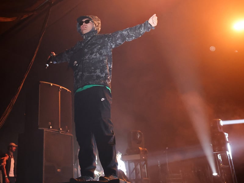 Mo Chara from Irish Hip Hop trio Kneecap performs onstage during the 2025 Coachella Valley Music and Arts Festival at Empire Polo Club on April 11, 2025 in Indio, California.