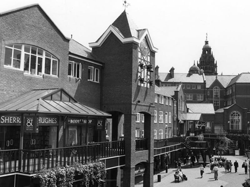 Orchard Square shopping centre, Sheffield, looking towards Fargate, in June 1990, showing Sherratt and Hughes book shop and The Body Shop