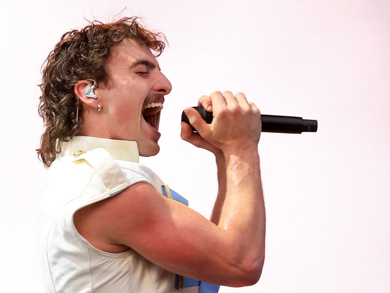 US singer songwriter Benson Boone performs during the 2025 Coachella Valley Music and Arts Festival at Empire Polo Club on April 11, 2025 in Indio, California.