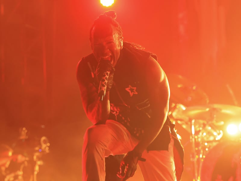 Singer Maxim of British band "The Prodigy", performs during the 2025 Coachella Valley Music and Arts Festival at Empire Polo Club on April 11, 2025 in Indio, California