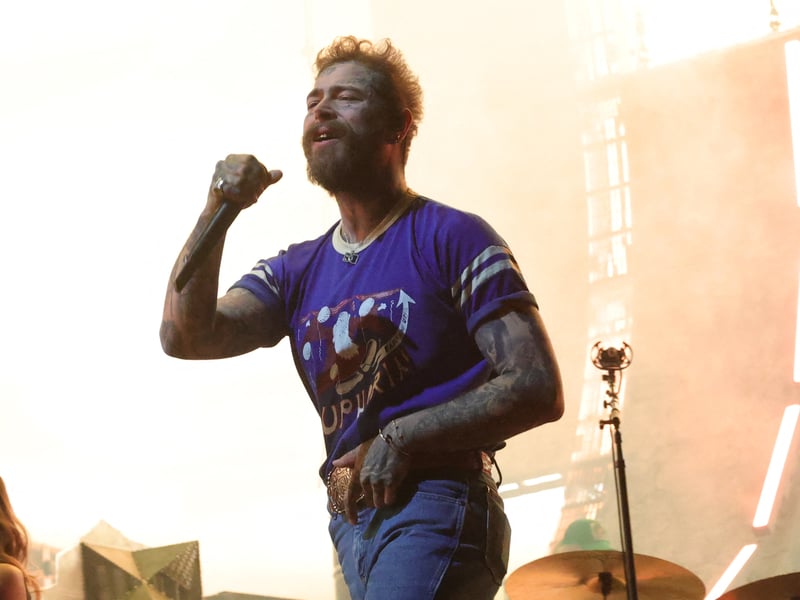 US rapper Post Malone performs on stage during the 2025 Coachella Valley Music and Arts Festival at Empire Polo Club on April 13, 2025 in Indio, California. 