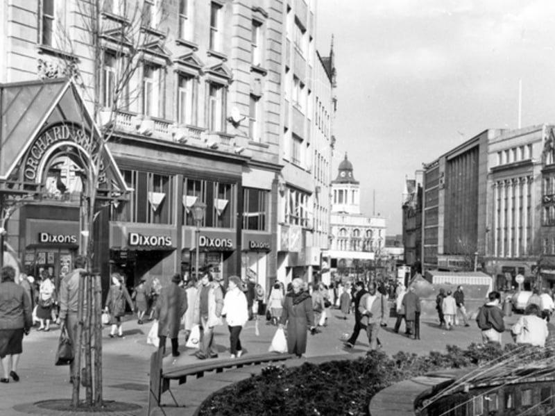 Fargate, Sheffield city centre, in February 1989, showing Orchard Square shopping centre and Dixons, with the old Goodwin Fountain in the bottom right corner