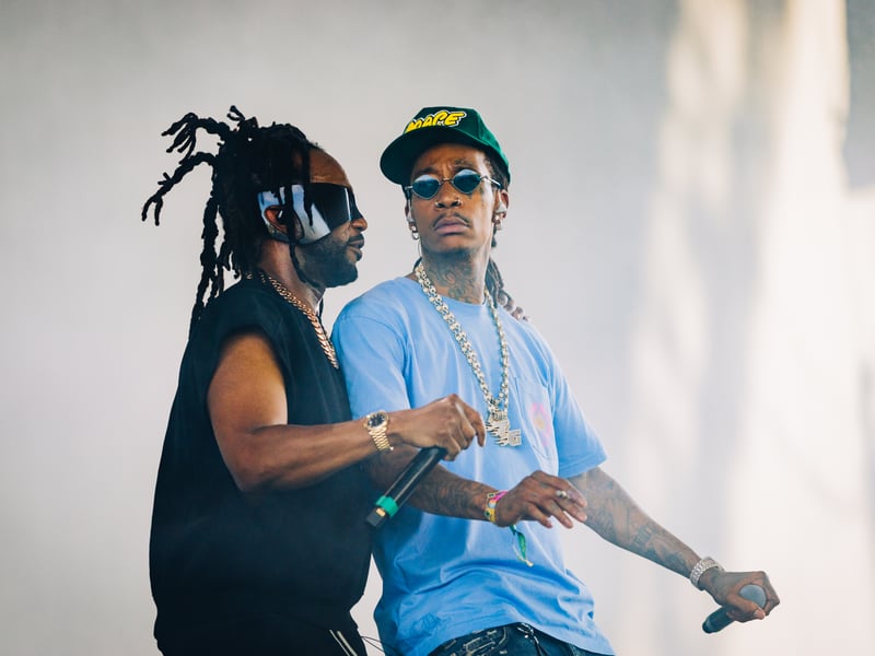 Juicy J and Wiz Khalifa perform at the Sahara Stage during day 1 of the 2025 Coachella Valley Music And Arts Festival on April 11, 2025 in Indio, California.