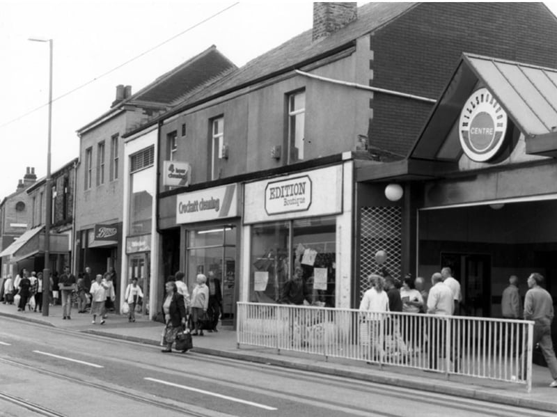 The entrance to Hillsborough Centre, Middlewood Road, Sheffield, in June 1996, also showing shops including Edition Boutique and Crockatt Cleaning