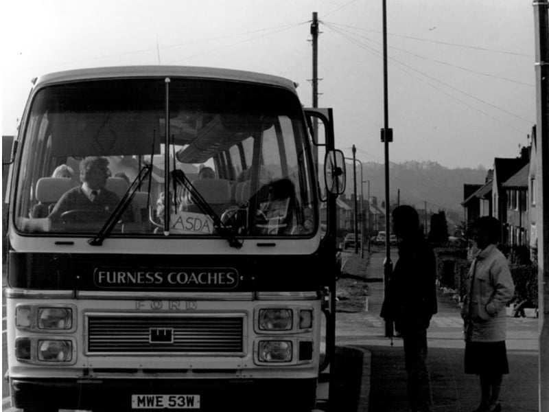 Shoppers board the bus to Asda at a stop on Wordsworth Crescent, Parson Cross, Sheffield, in 1989. The bus ran every two hours to the Asda supermarket in Chapeltown, around five miles away.