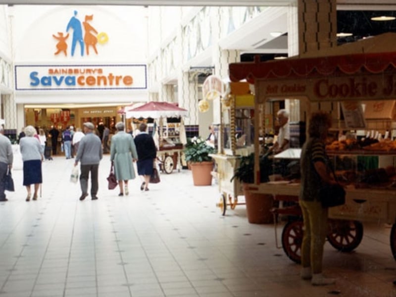 Market Street Food Hall, Meadowhall, looking towards Sainsbury's Savacentre, in July 1991