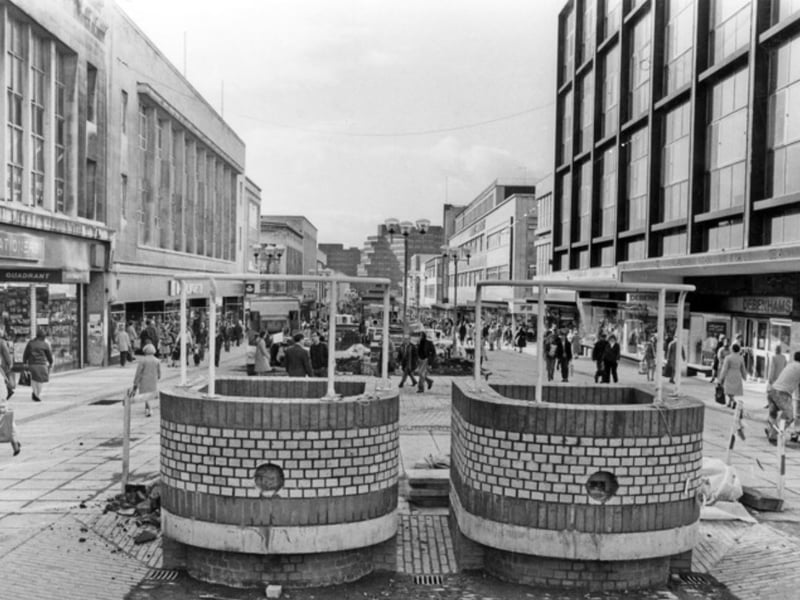 The Moor, Sheffield city centre, in 1983, showing the brick trams and shops including Woolworths, left, and Debenhams, right