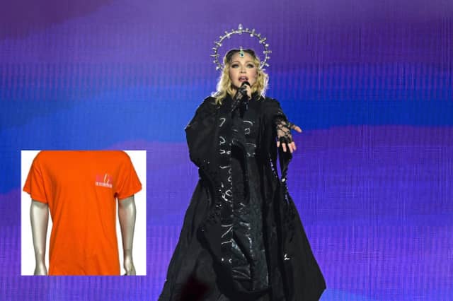 This vintage-style orange t-shirt from Madonna's 2023 Celebration Tour (UK), with its 'Party Crasher in Pink' reverse, is presented as a rare and potentially highly collectible item, not available through typical channels.