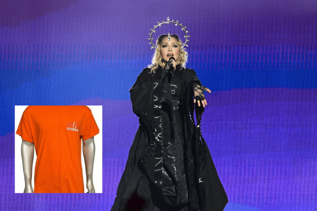 This vintage-style orange t-shirt from Madonna's 2023 Celebration Tour (UK), with its 'Party Crasher in Pink' reverse, is presented as a rare and potentially highly collectible item, not available through typical channels.