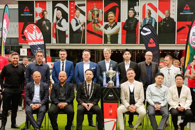 Stars of snooker are pictured with the trophy outside the Crucible. Photo: Errol Edwards, Black Tie Photography