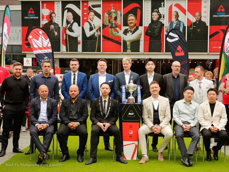 Stars of snooker are pictured with the trophy outside the Crucible. Photo: Errol Edwards, Black Tie Photography