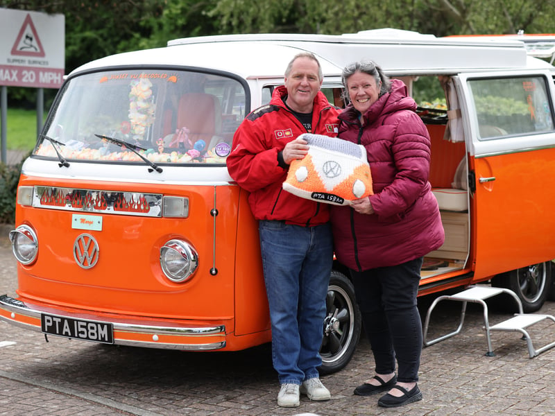 Car enthusiasts rushed to Port Solent to showcase their love for vintage camper vans. Pictured is Dave and Jill Britton with their van Marge