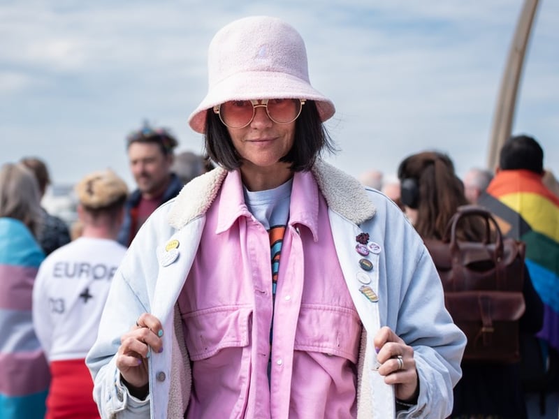 Going by the badge - taking part in the pro-trans rally on Blackpool's Comedy Carpet