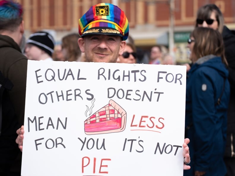 Demonstrator makes a point during the  pro-trans rally on Blackpool's Comedy Carpet