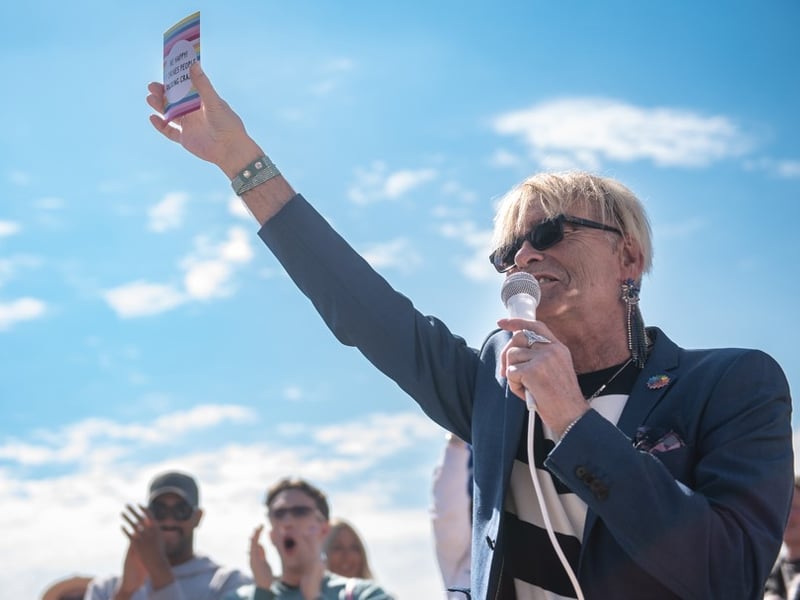 A protester makes a speech during the pro-trans rally on Blackpool's Comedy Carpet