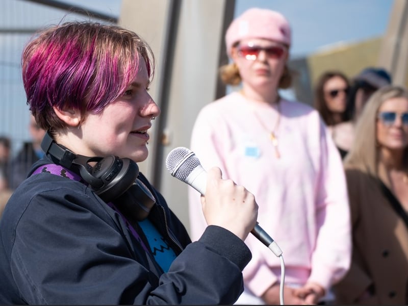 Addressing the crowd during the pro-trans rally on Blackpool's Comedy Carpet