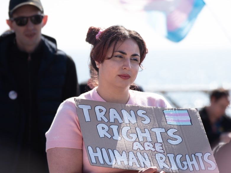 Making a point during the pro-trans rally on Blackpool's Comedy Carpet