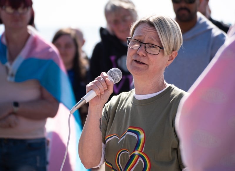Making a point during the pro-trans rally on Blackpool's Comedy Carpet