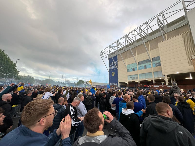 Thousands of fans gather outside Elland Road to celebrate Leeds United's promotion back to the Premier League.