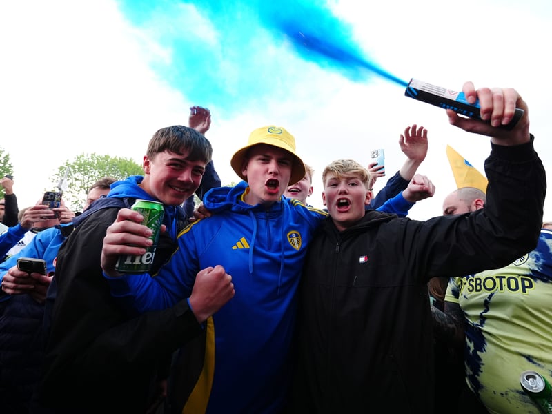 Fans lingered outside the stadium following Leeds' 6-0 win against Stoke City earlier in the day.