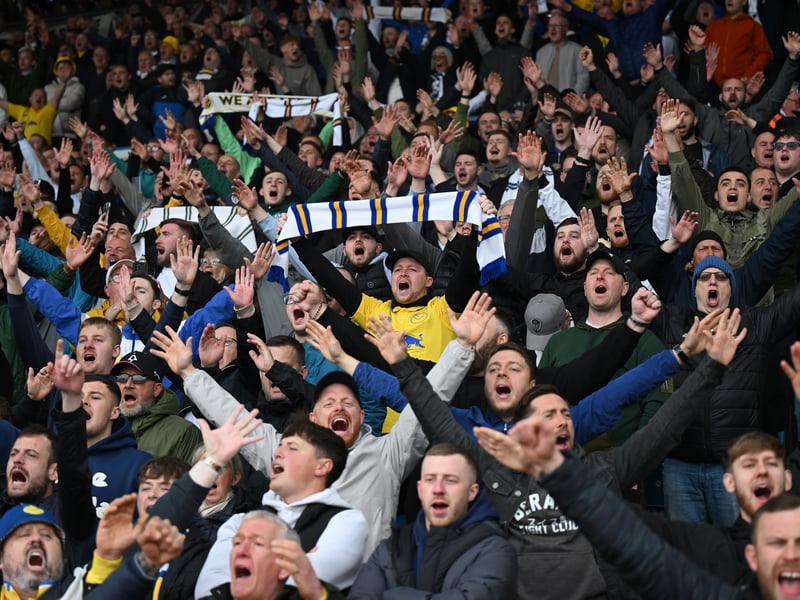  Fans of Leeds United show their support as they hold scarves prior to the Sky Bet Championship match between Leeds United FC and Stoke City FC at Elland Road on April 21, 2025 in Leeds, England. (Photo by Michael Regan/Getty Images)