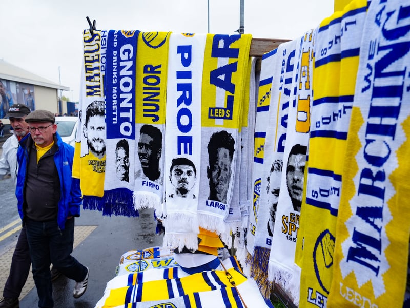 Merchandise for sale before the Sky Bet Championship match at Elland Road, Leeds. Picture date: Monday April 21, 2025. PA Photo. See PA story SOCCER Leeds. Mike Egerton/PA Wire.