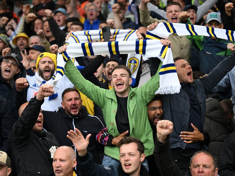 LEEDS, ENGLAND - APRIL 21: Fans of Leeds United show their support as they hold scarves prior to the Sky Bet Championship match between Leeds United FC and Stoke City FC at Elland Road on April 21, 2025 in Leeds, England. (Photo by Michael Regan/Getty Images)