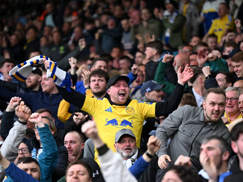 LEEDS, ENGLAND - APRIL 21: A fan of Leeds United celebrates after Joel Piroe of Leeds United (not pictured) scores his team's first goal during the Sky Bet Championship match between Leeds United FC and Stoke City FC at Elland Road on April 21, 2025 in Leeds, England. (Photo by Michael Regan/Getty Images)