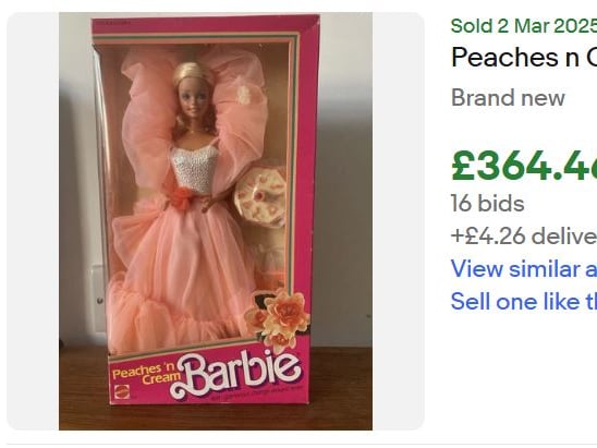 Barbie dolls have been delighting children for generations and were among the most popular toys of the 1980s. This Peaches n Cream Barbie doll from 1984 sold in March 2025 for £364.46, while another of the same model fetched £356.34.