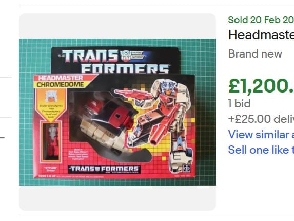 This 1986 Transformers Chromedome action figure sold in February 2025 for £1,200, while a similar Targetmaster Triggerhappy toy from the same year fetched the same amount. A boxed G1 Optimus Prime toy, meanwhile, sold for £720.72.