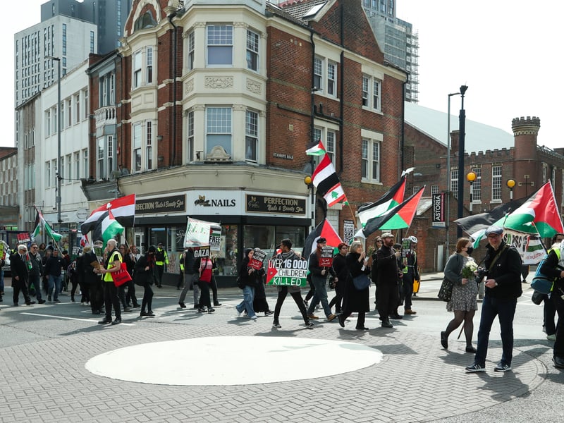Protesters march down Commercial Road, Portsmouth towards Unicorn Gate on Saturday April 26th 2025