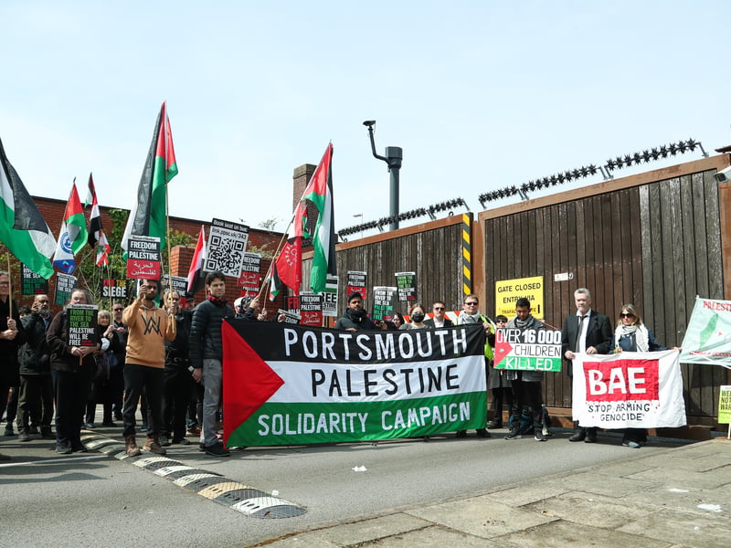 Protesters gather outside Unicorn Gate at HMNB Portsmouth, the gateway that leads to Portsmouths Main Naval base and one of BAE Systems sites in Portsmouth