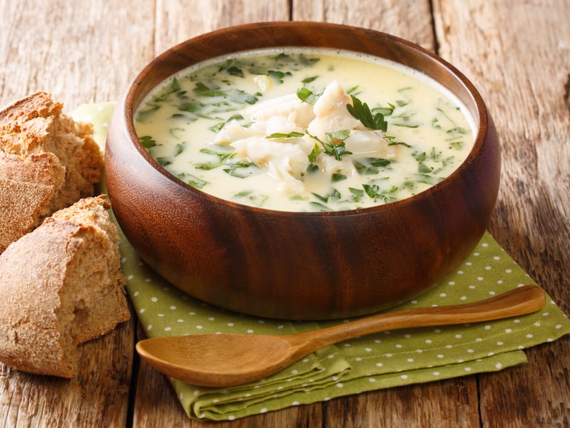 Cullen Skink is a thick Scottish soup which is made with haddock (most authentically using Finnan haddie), potatoes and onions. Originating from the north-east fishing village of Cullen, “skink” is a Scots word which typically means a shin of beef but in this instance refers to a soup. 
