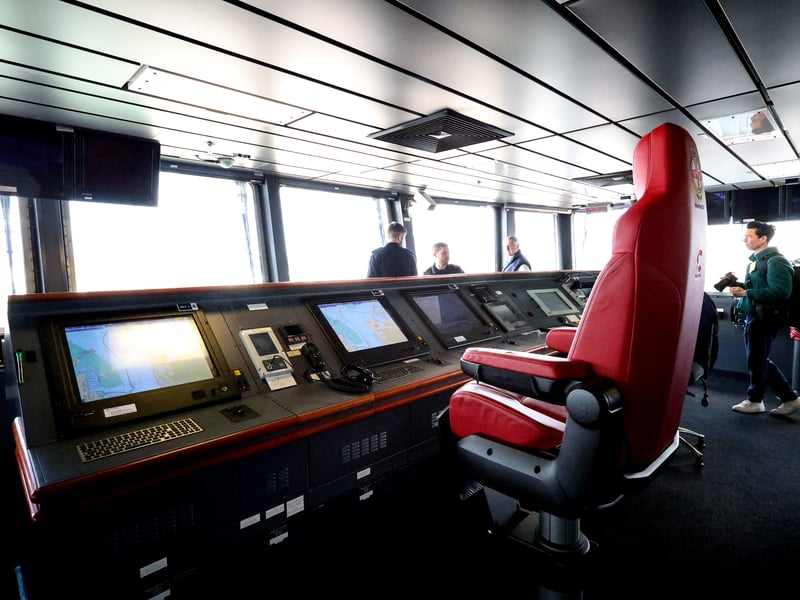 The HMS Prince of Wales bridge, including the red chair used by the captain.