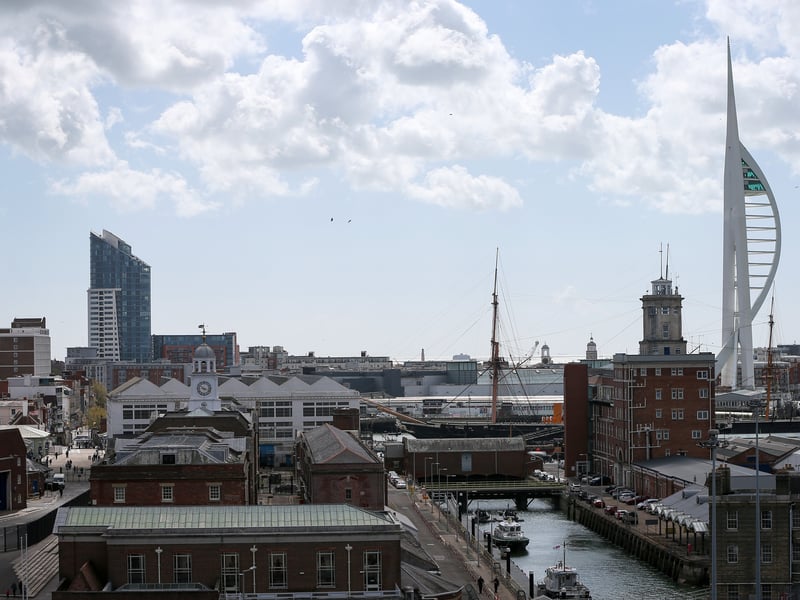 Cityscape with East Side Plaza Tower, Semaphore Tower and the Spinnaker Tower, as pictured from HMS Prince of Wales.