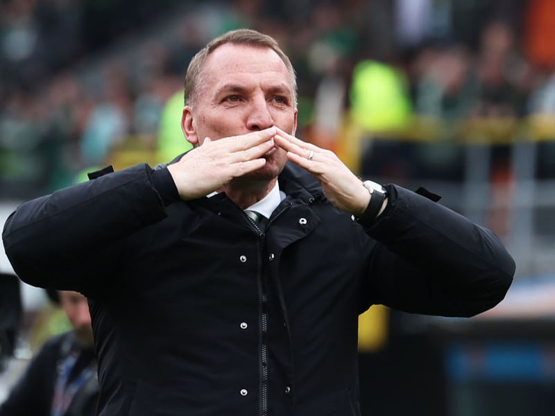 Celtic head coach Brendan Rodgers salutes the fans at full time at Tannadice.